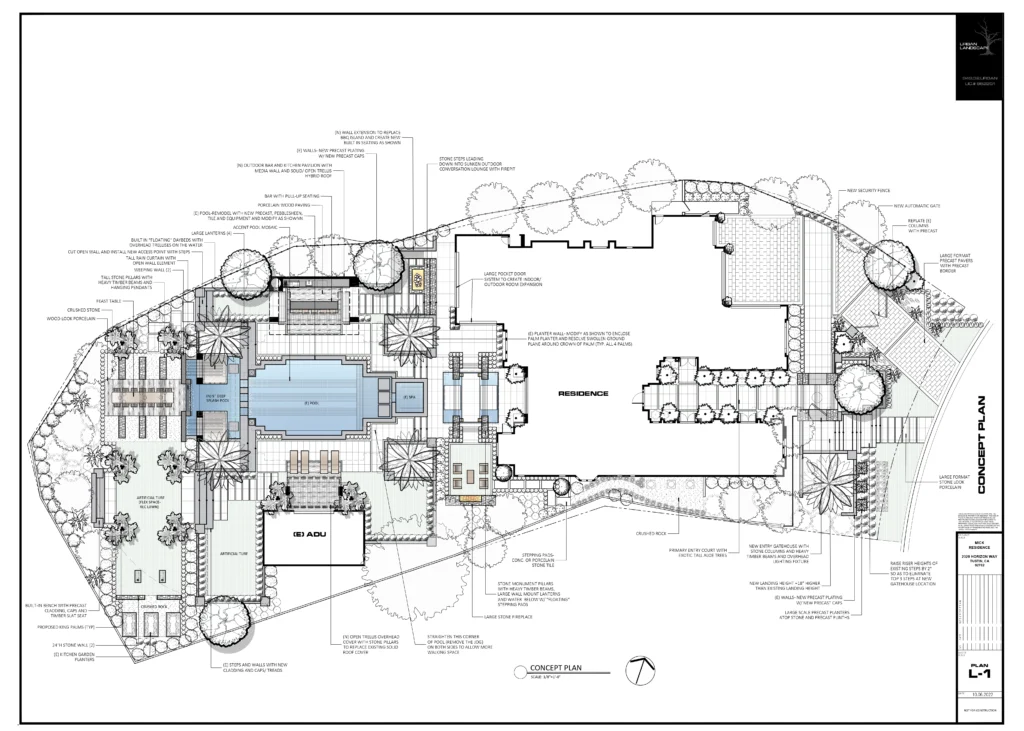 Luxury residence concept plan with a central swimming pool, outdoor seating, and landscaped garden by Urban Landscape.