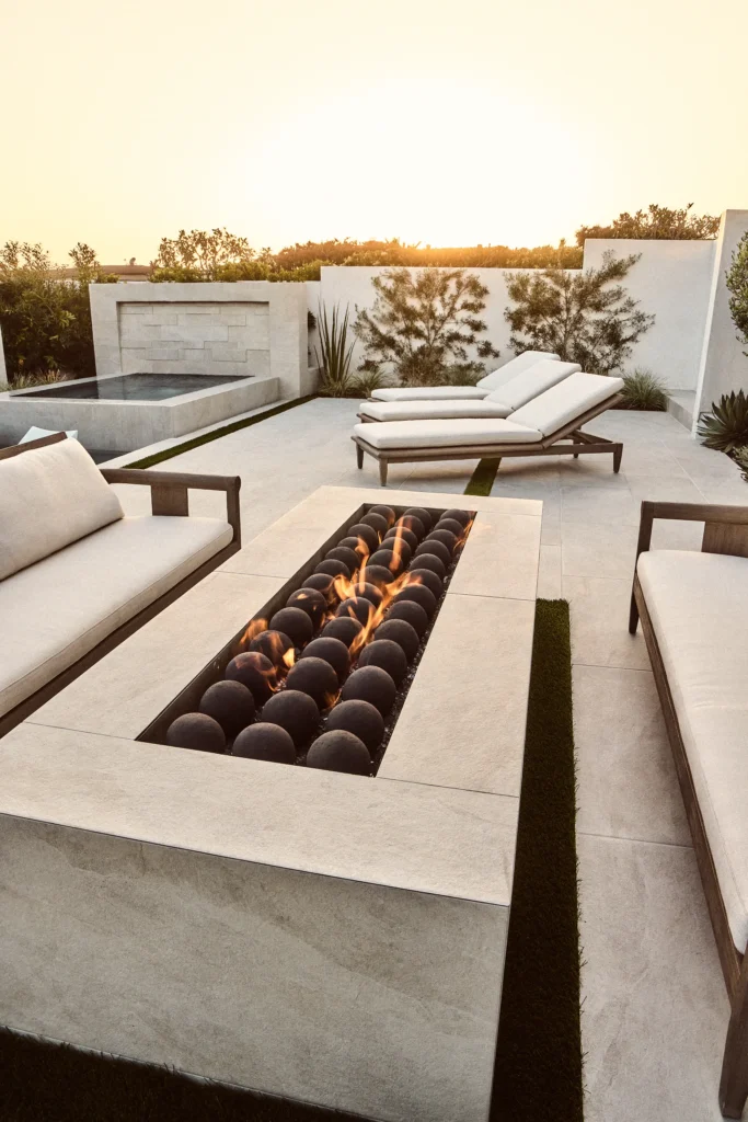 Luxury outdoor living space featuring modern fire pit with decorative stones, lounge chairs, and serene sunset backdrop, enhancing backyard comfort and design.