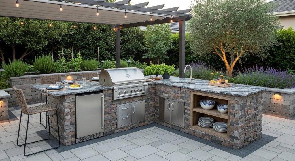 Elegant outdoor kitchen with durable hardscaping materials and inviting design elements
