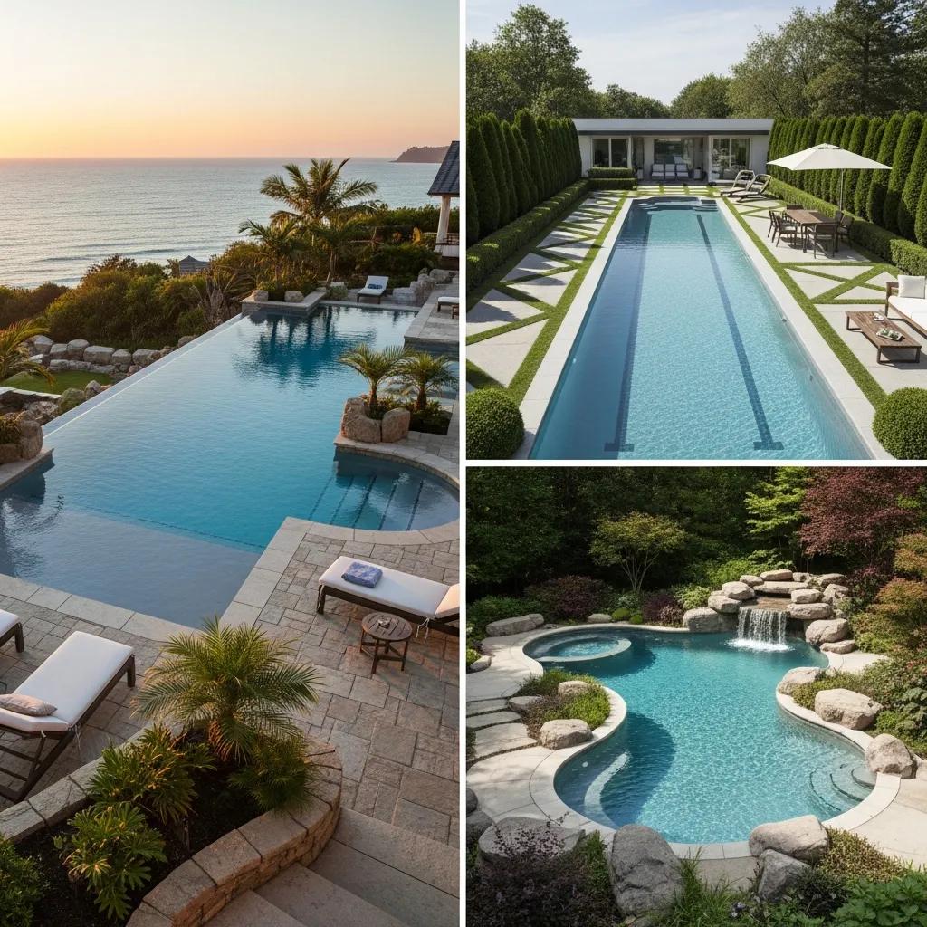 Collage of unique pool shapes including infinity, lap, and freeform pools