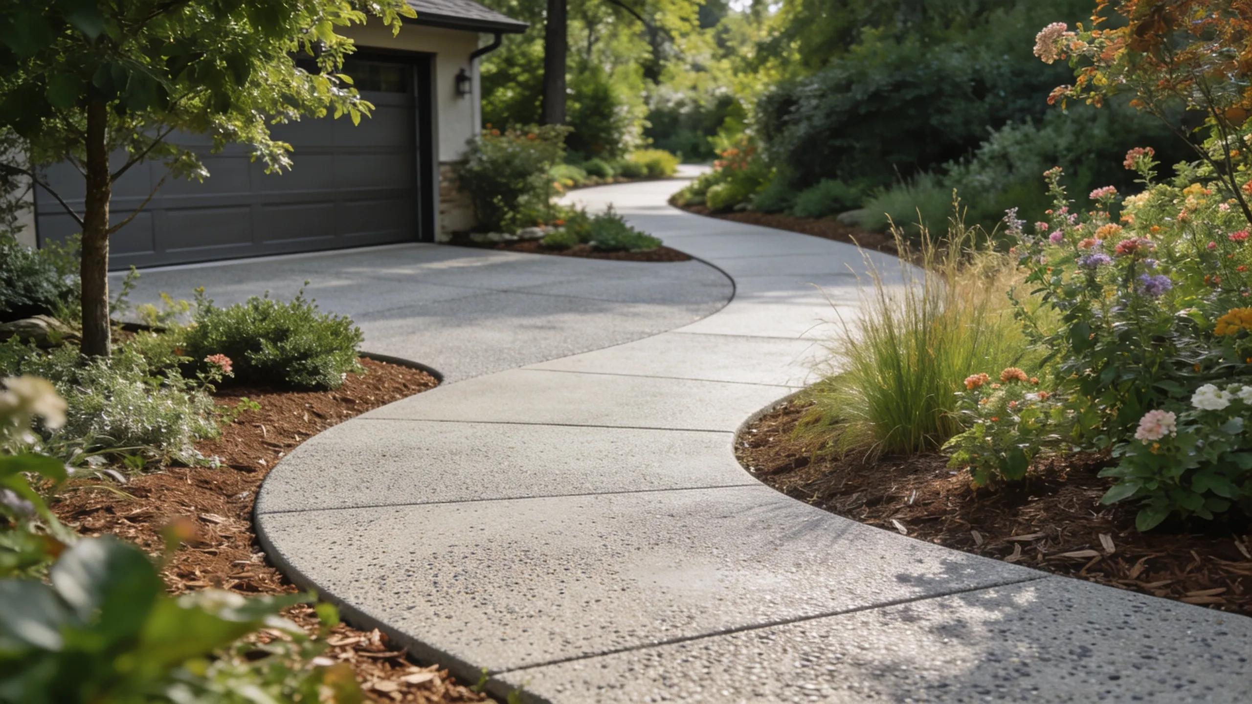 Driveway and walking paths made of porous concrete in a vibrant garden landscape