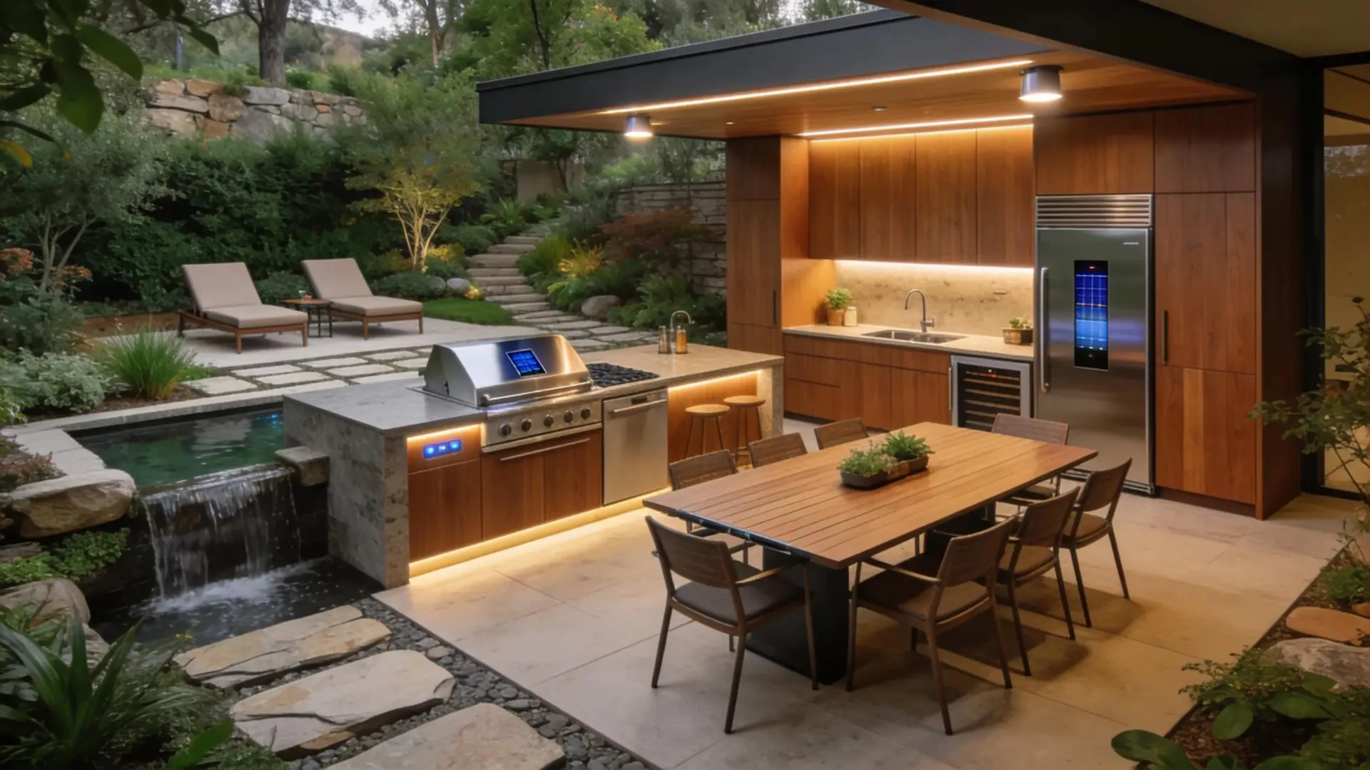 Luxury outdoor kitchen incorporating smart technology and eco-friendly features for enhanced living
